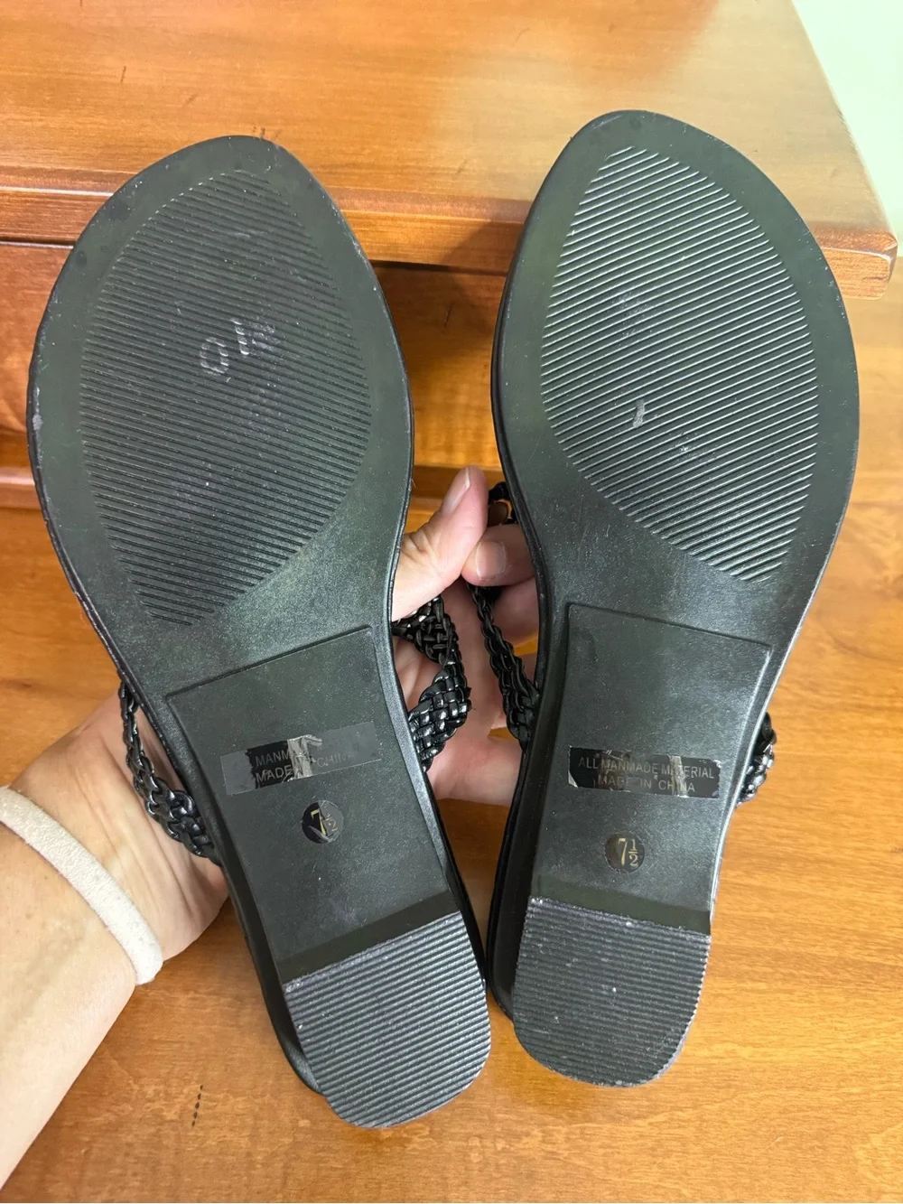 Raski black, beaded thong, sandal, braided BoHo women 7.5 flop flop embellished
